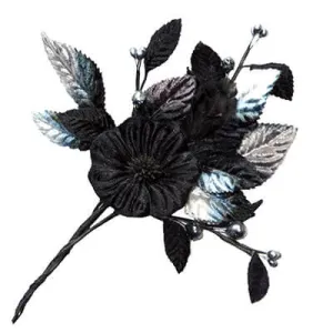 Flower Trim - Black Velvet Flower with Black/Silver Leaves & Berries