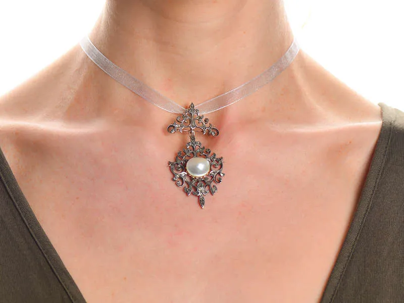 Georgian Mabe Pearl Diamond Pendant Brooch