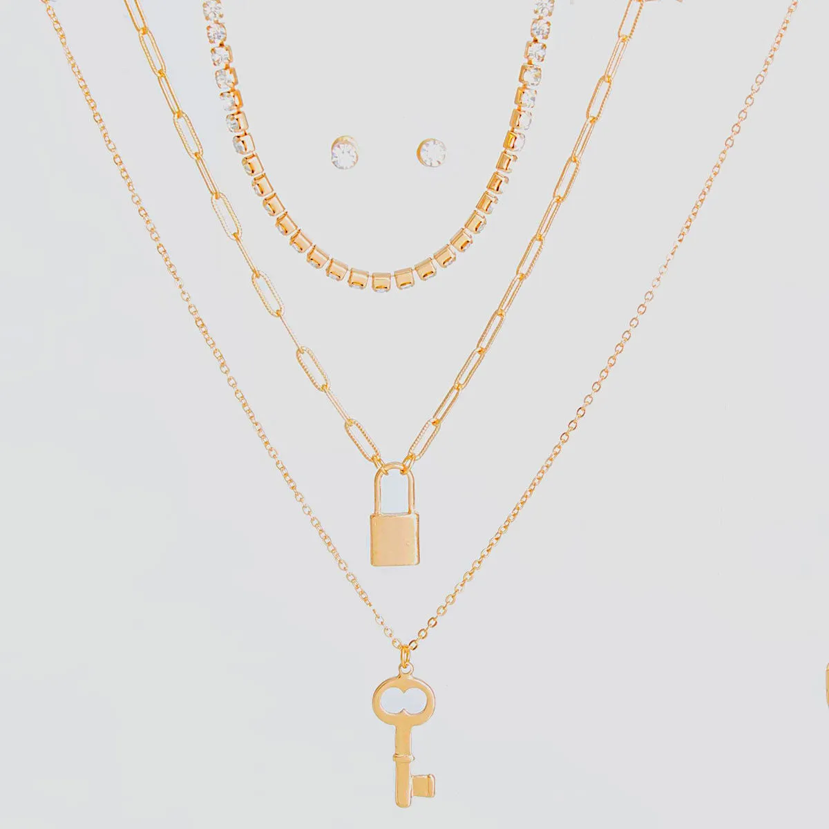 Gold 3 Layer Lock and Key Necklace
