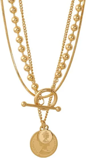 Gold Necklace for Women Layered Necklaces Portrait Coin Necklace Fashion Gold Beaded Necklace 18K Gold Plated Heart Pendent Necklace Classic Gold Pendant Necklace