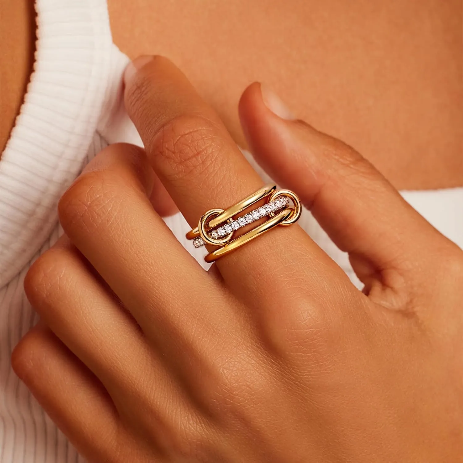 Gold Rings for Women14K Plated Gold Cubic Zirconia Stackable Interlocked Rings Dainty Bands Stacking Thumb Statement Rings Set Non Tarnish Jewelry