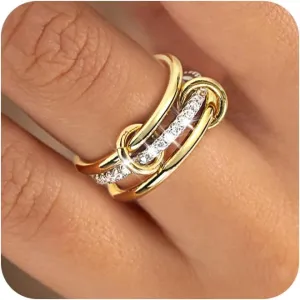 Gold Rings for Women14K Plated Gold Cubic Zirconia Stackable Interlocked Rings Dainty Bands Stacking Thumb Statement Rings Set Non Tarnish Jewelry