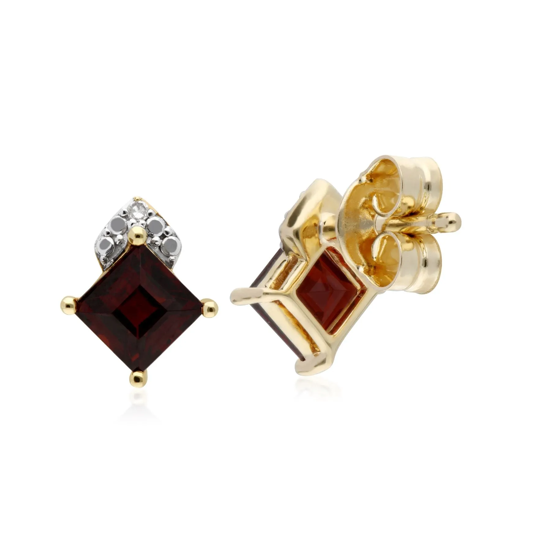 Granat Ohrringe, 9 Karat Gelbgold Granat & Diamant Quadrat