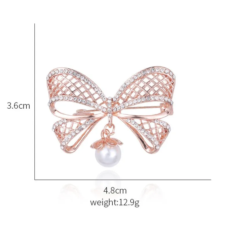 HP-0033 Crystal Rhinestone Pearl Bow Brooch Brooches Rose Gold