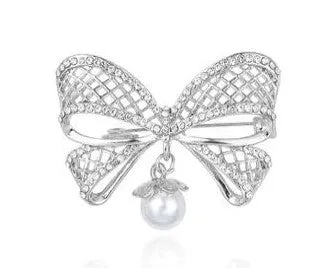 HP-0033 Crystal Rhinestone Pearl Bow Brooch Brooches Rose Gold