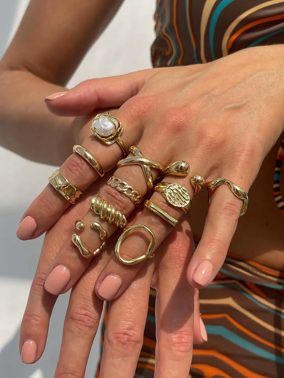 Ingemark Rings for Women 14K Gold Plated Chunky Teardrop Water Drop Ring Silver Adjustable Large Thick Smooth Curved Open Thumb Finger Rings 12 Pieces Bold Crossover Statement Ring Band