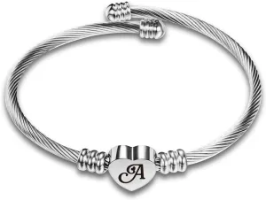 Initial Letter Cuff Bracelet Women Silver Heart Bangle Bracelet Expandable Engraved Alphabet Wrap for Mom Birthday