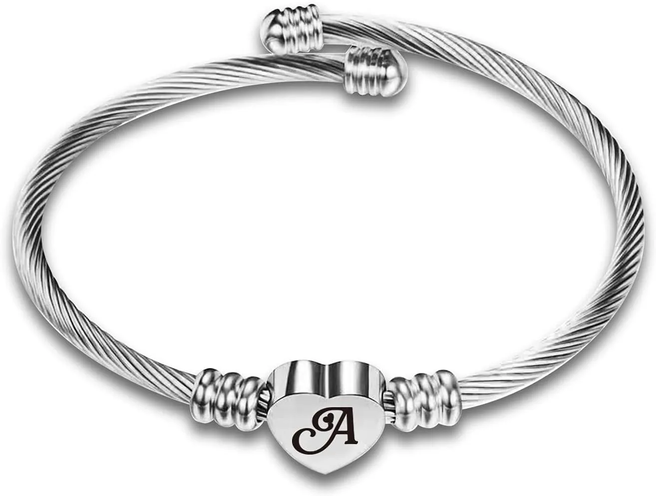 Initial Letter Cuff Bracelet Women Silver Heart Bangle Bracelet Expandable Engraved Alphabet Wrap for Mom Birthday