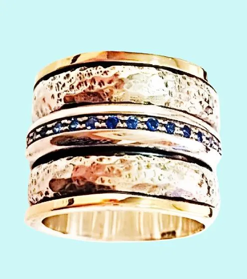 Israel Silver Gold Spinner ring, CZ zircons fidget ring for woman