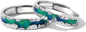 Kokoma Nothern Light Aurora Polaris Couple Rings for His & Hers Sterling Silver 925 Starry Sky Matching Promise Engagement Rings Wedding Rings Open Statement Band Adjustable