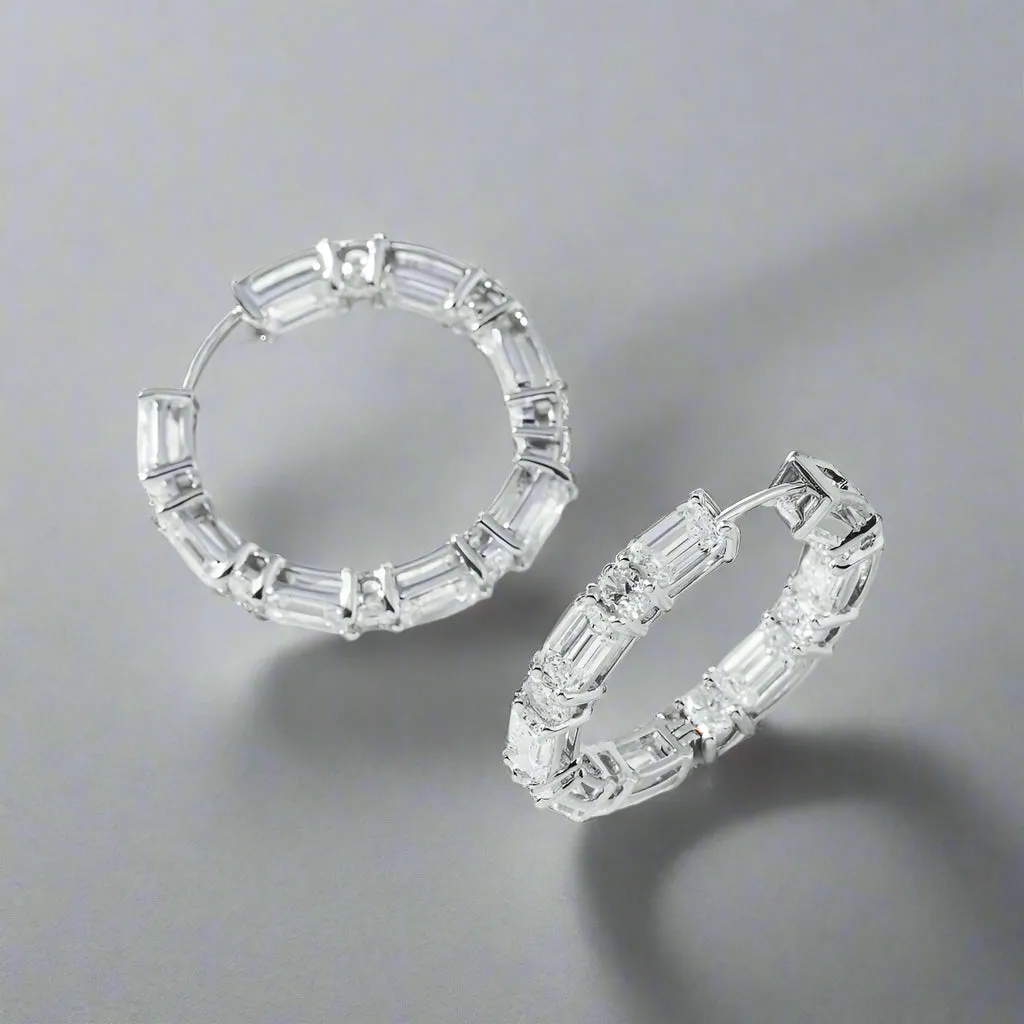 Lexy 12 Carats Lab Grown Round & Emerald Cut Diamond Inside Out Hoop Earrings in 14k White Gold