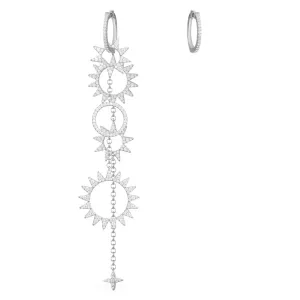 Long Asymmetric Sun Pendant Earring and Hoop - White Silver