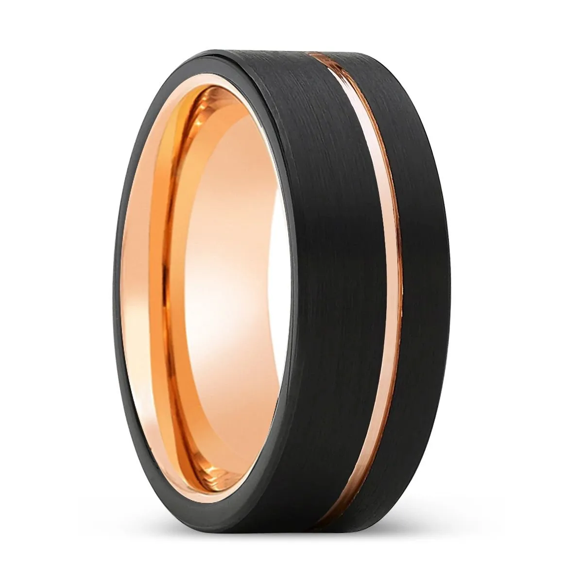 LUMINOUS | Rose Gold Ring, Black Tungsten Ring, Rose Gold Offset Groove, Brushed, Flat