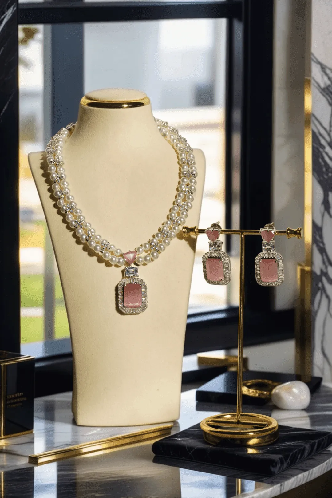 Maya - Pearl & Diamante Accent Mala Necklace Set