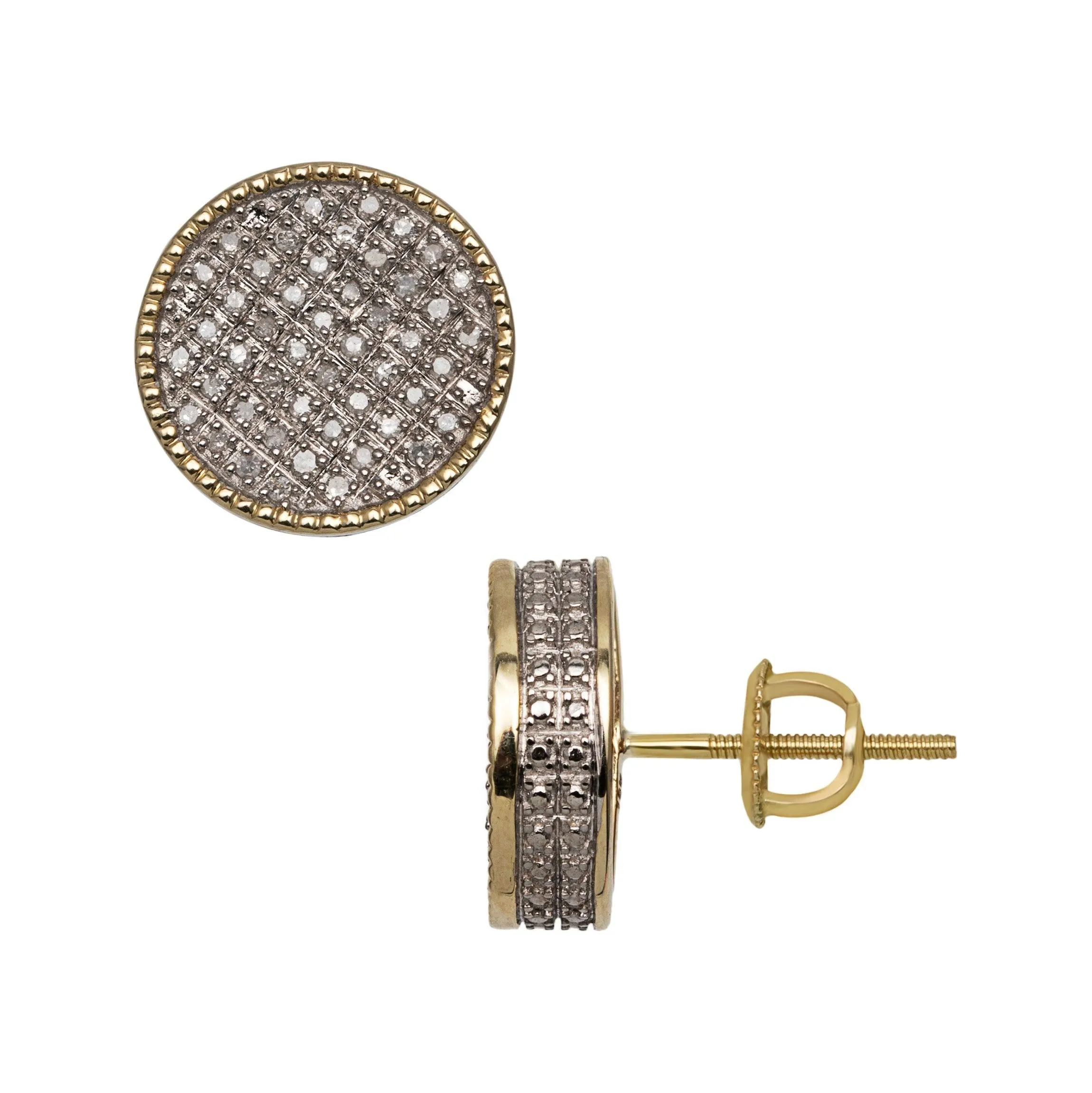 Men's Bead Framed Round Micro-Pavé Diamond Stud Earrings 0.33ct 10K Yellow Gold