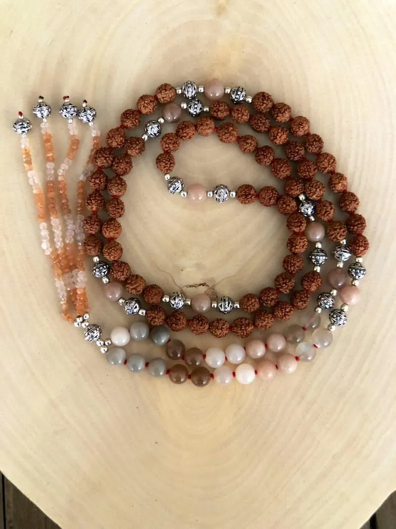 Natural Rudraksha and Multi moonstone 8mm 108 Mala Beads, Spiritual, Meditation Beads, Reiki, Japa Mala, Buddhist Prayer Beads, Yoga Bracelet, healing beads LKMALA-RRGU-3534