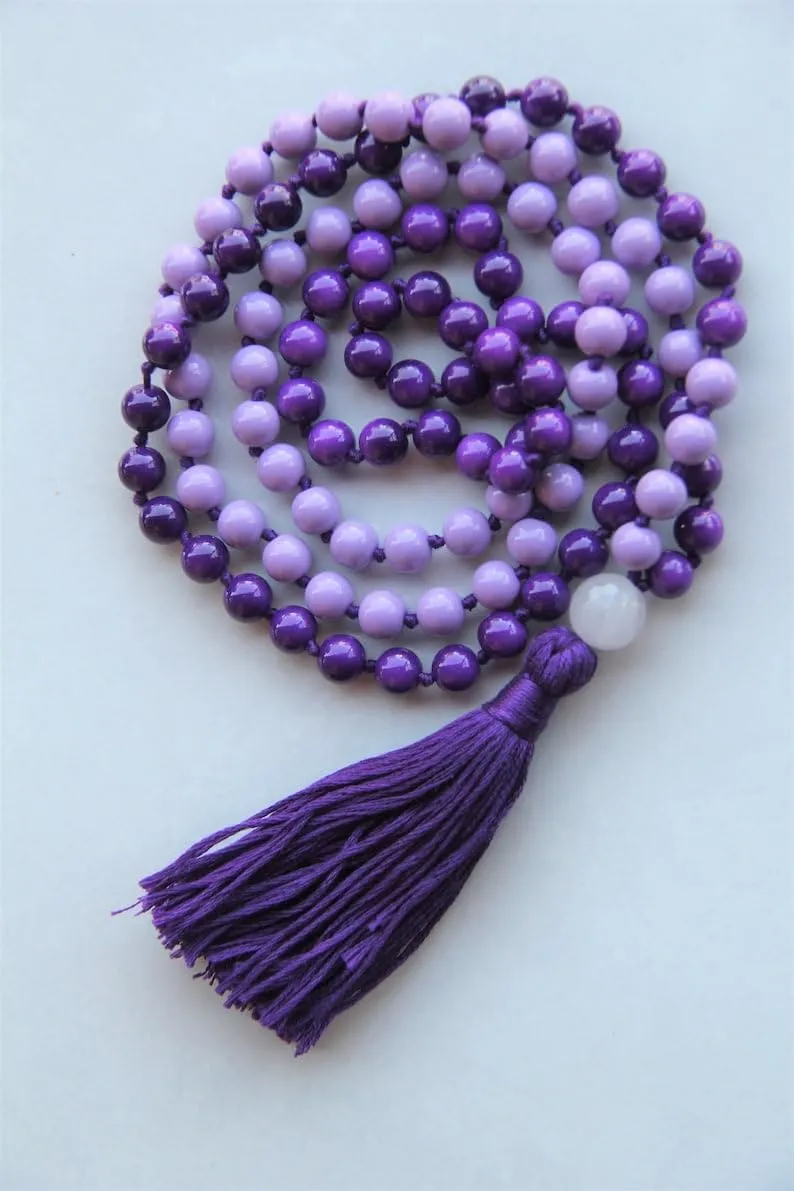 Natural violet glass beads 8mm 108 Mala Beads, Spiritual, Meditation Beads, Reiki, Japa Mala, Buddhist Prayer Beads, Yoga Bracelet, healing beads LKMALA-RRGU-2560