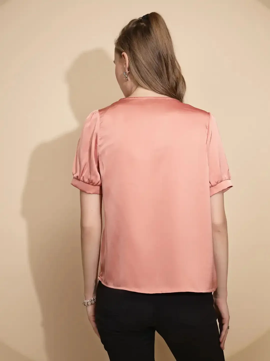 Orange Polyester Blend Loose Fit Blouse For Women