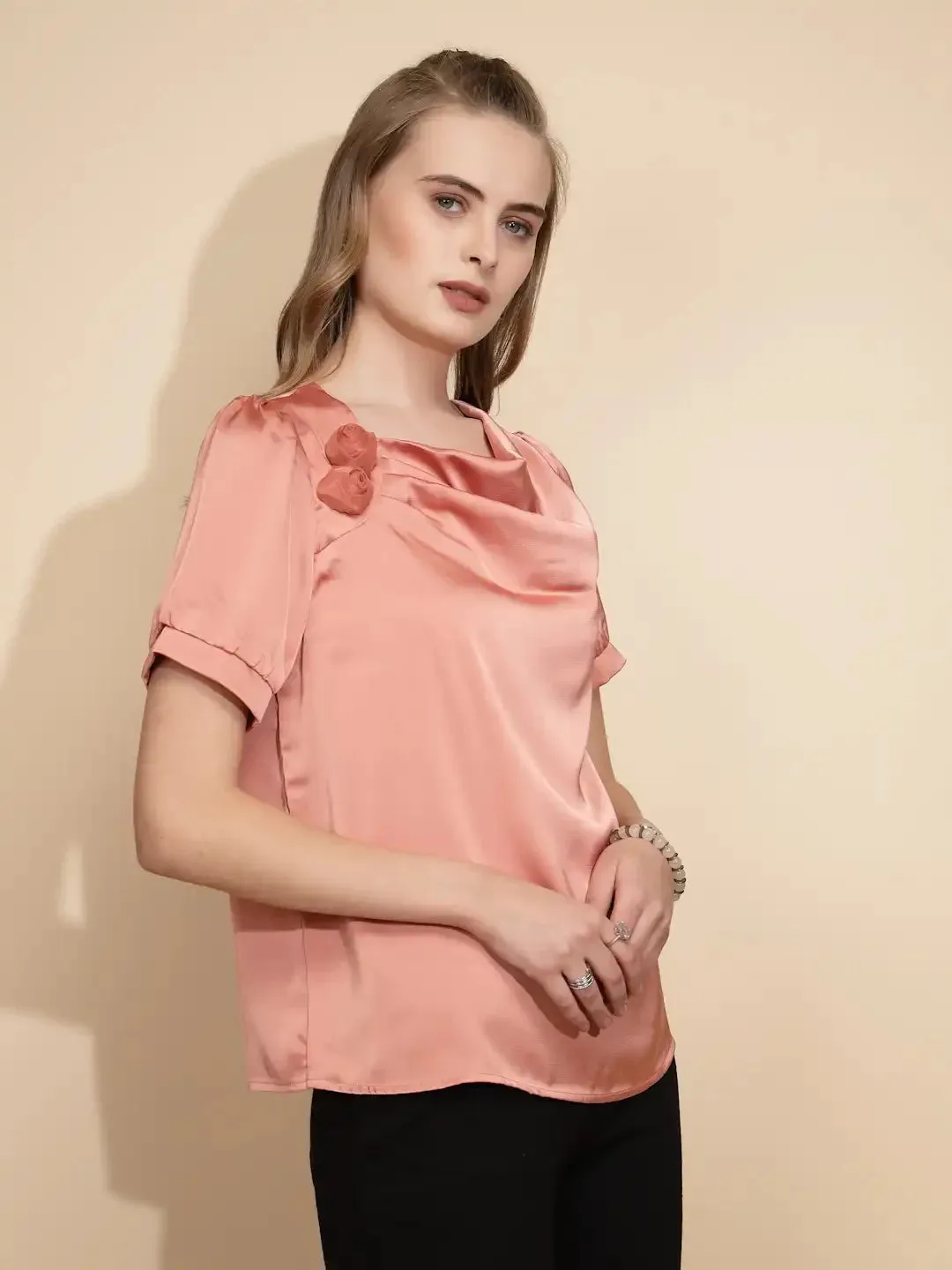 Orange Polyester Blend Loose Fit Blouse For Women