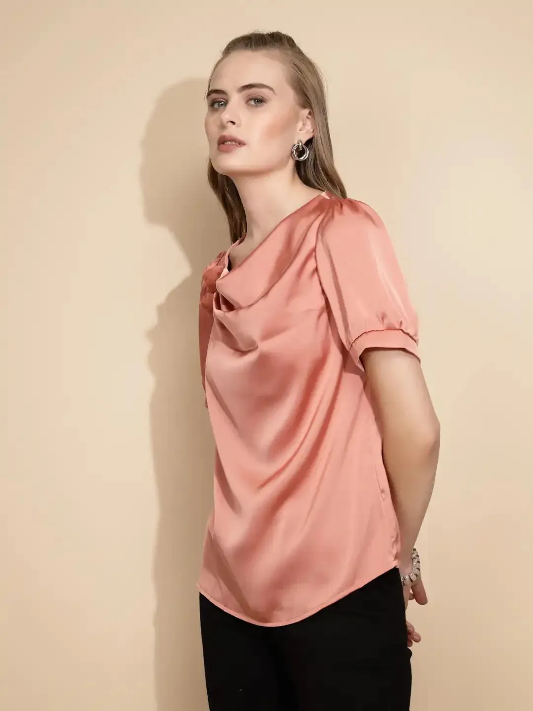 Orange Polyester Blend Loose Fit Blouse For Women