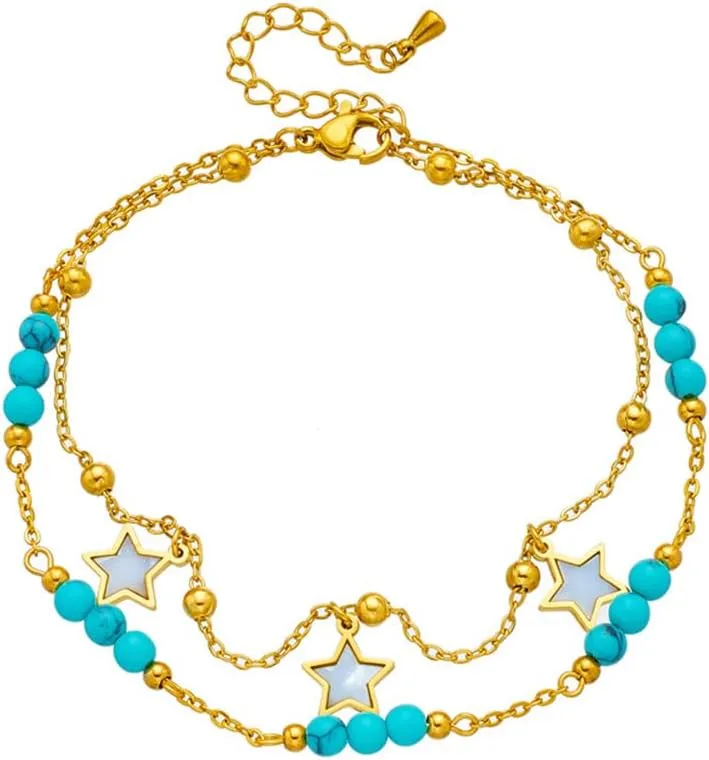 Star Beaded Anklet Minimalist Stars Dangle Double Layered Chains Link Ankle Bracelet Stackable Link Chain Adjustable Foot Jewelry for Women