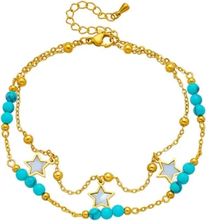 Star Beaded Anklet Minimalist Stars Dangle Double Layered Chains Link Ankle Bracelet Stackable Link Chain Adjustable Foot Jewelry for Women