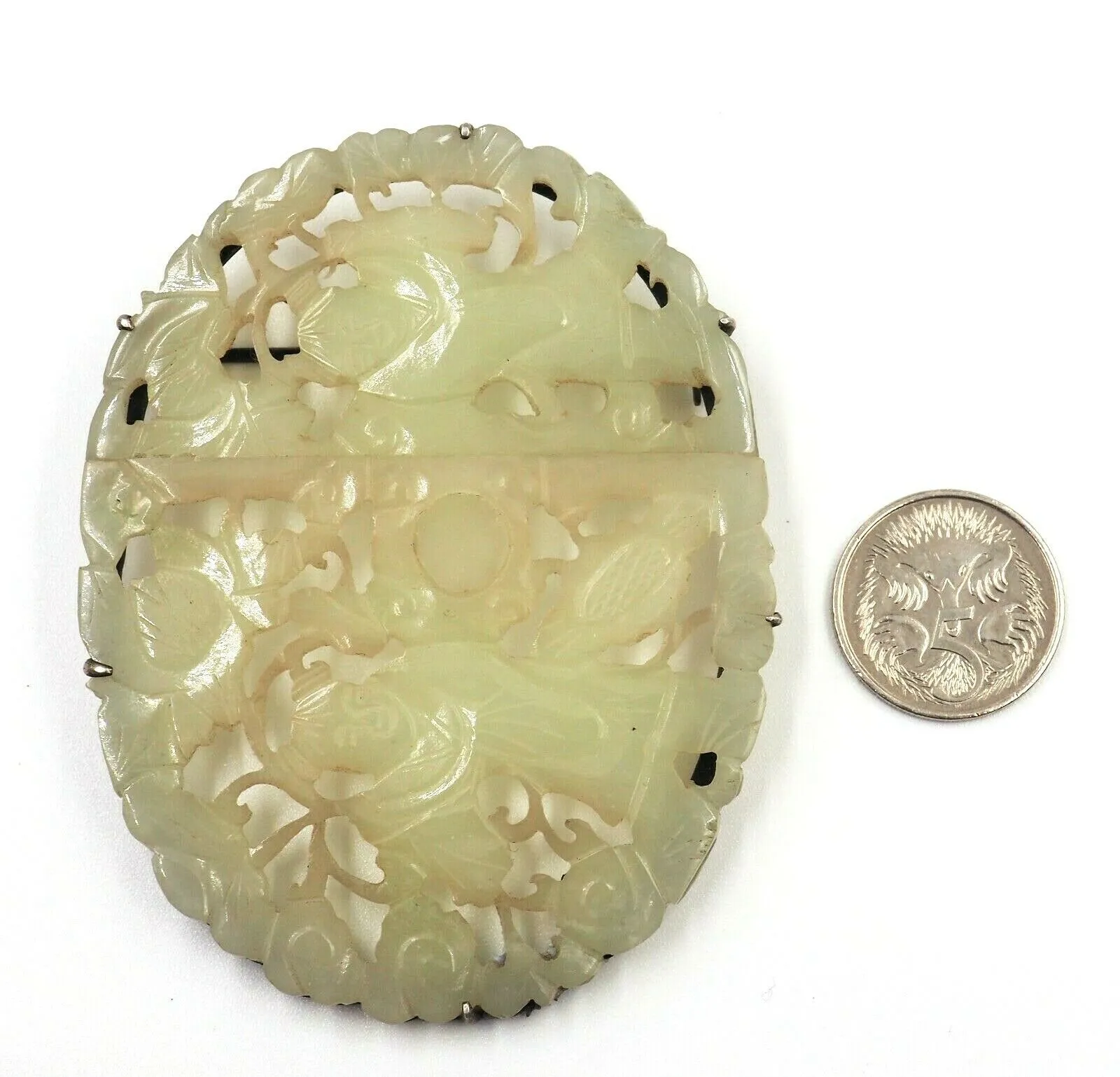 Sterling Silver Setting Hand Carved Jadeite Brooch