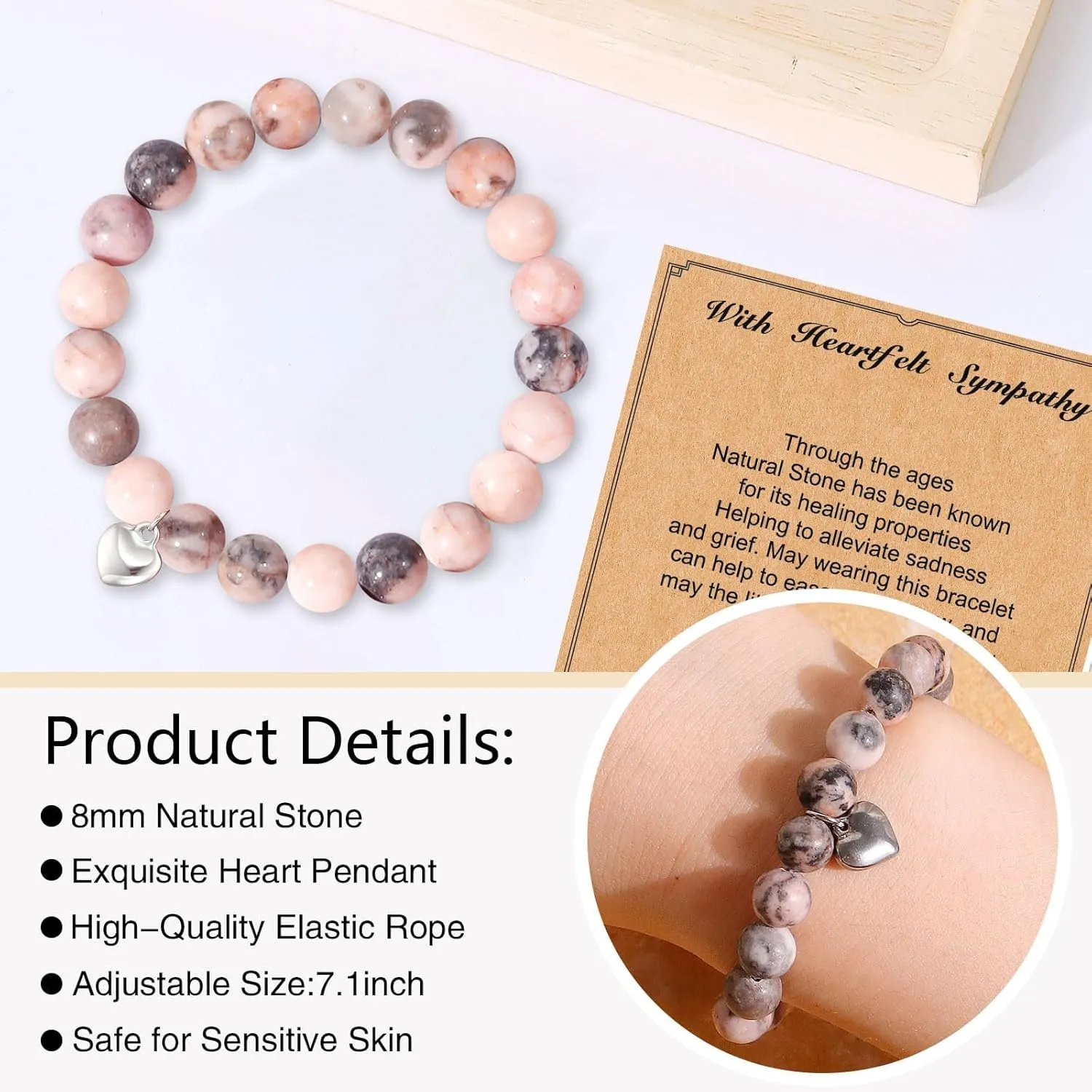 Sympathy Gifts for Loss of Loved One Healing Crystal Bracelet with Heart Charm Bereavement Memorial Gifts for Wife Mom Daughter Friend