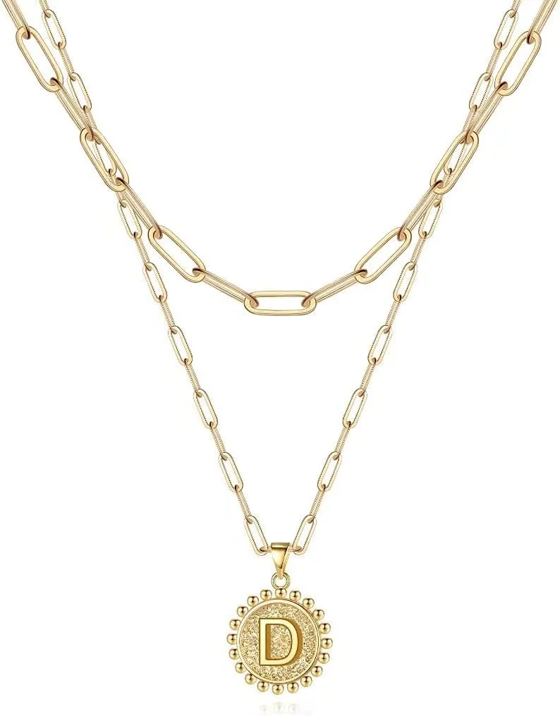 Ursteel Layered Initial Necklaces for Women - 14K Gold Plated Dainty Layering Paperclip Chain Necklaces for Women Jewelry