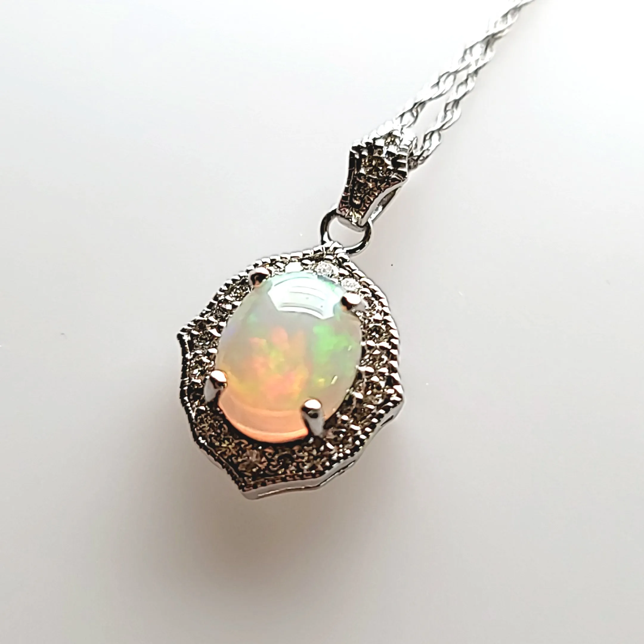 White Gold Opal & Diamond Necklace (I6797)